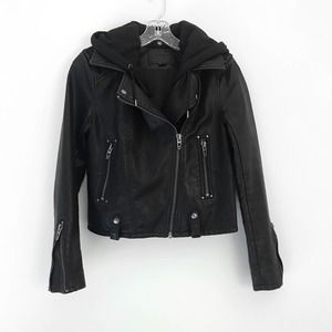 Blank NYC Black Faux Leather Moto Jacket with Attached Hood